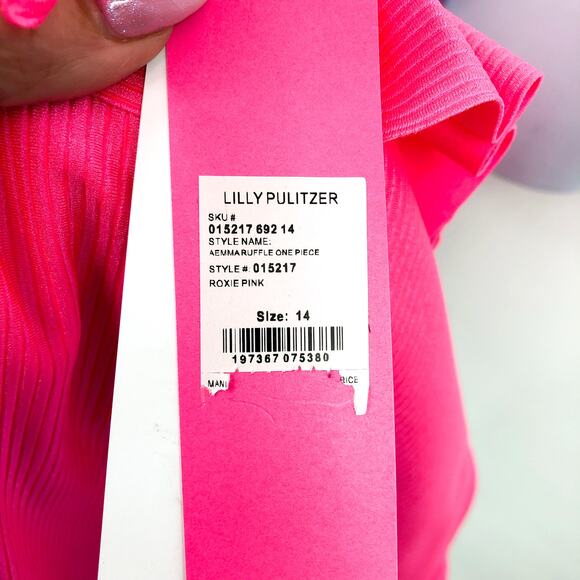 LILLY PULITZER Aemma Ruffle One-Piece Swimsuit Size 14 Roxie Pink Ribbed NWT - Picture 11 of 12